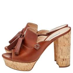 Pre Owned Casadei Brown Leather Tassel Platform Slide Sandals Size 40.5