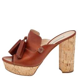 Pre Owned Casadei Brown Leather Tassel Platform Slide Sandals Size 40.5