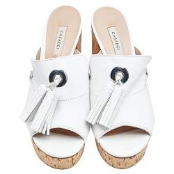 Pre Owned Casadei White Leather Tassel Platform Slide Sandals Size 40.5