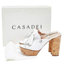 Pre Owned Casadei White Leather Tassel Platform Slide Sandals Size 40.5