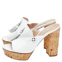 Pre Owned Casadei White Leather Tassel Platform Slide Sandals Size 40.5