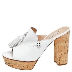 Pre Owned Casadei White Leather Tassel Platform Slide Sandals Size 40.5