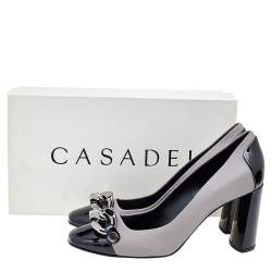 Pre Owned Casadei Black/Grey Patent and Leather Square Toe Pumps Size 38