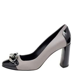 Pre Owned Casadei Black/Grey Patent and Leather Square Toe Pumps Size 38