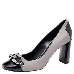 Pre Owned Casadei Black/Grey Patent and Leather Square Toe Pumps Size 38