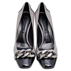 Pre Owned Casadei Black/Grey Patent and Leather Square Toe Pumps Size 38