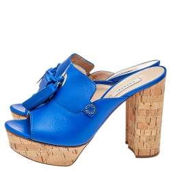 Pre Owned Casadei Blue Leather Tassel Platform Slide Sandals Size 40.5