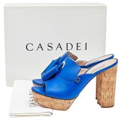 Pre Owned Casadei Blue Leather Tassel Platform Slide Sandals Size 40.5