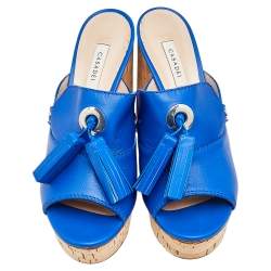 Pre Owned Casadei Blue Leather Tassel Platform Slide Sandals Size 40.5