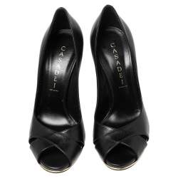 Pre Owned Casadei Black Leather Crisscross Peep-Toe Pumps Size 37