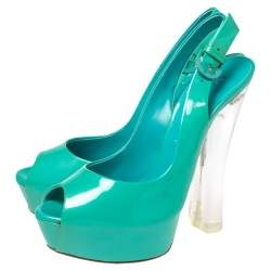 مملوكة مسبقًا حذاء كعب عالى كاساديه سير خلفي مقدمة مفتوحة جلد لامع أخضر مزرق مقاس 39