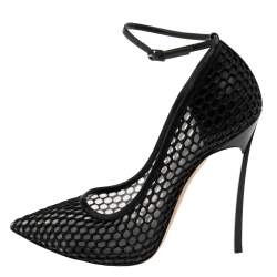 Pre Owned Casadei Black Leather and Mesh Laser Cut Ankle-Strap Pumps Size 38