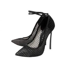 Pre Owned Casadei Black Leather and Mesh Laser Cut Ankle-Strap Pumps Size 38