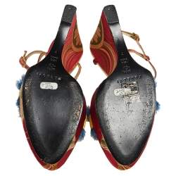 Pre Owned Casadei Multicolor Satin And Leather Wedge Ankle Strap Sandals Size 37