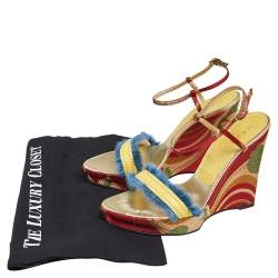 Pre Owned Casadei Multicolor Satin And Leather Wedge Ankle Strap Sandals Size 37