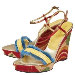 Pre Owned Casadei Multicolor Satin And Leather Wedge Ankle Strap Sandals Size 37
