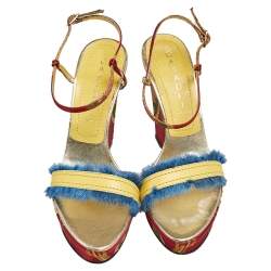 Pre Owned Casadei Multicolor Satin And Leather Wedge Ankle Strap Sandals Size 37