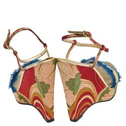 Pre Owned Casadei Multicolor Satin And Leather Wedge Ankle Strap Sandals Size 37