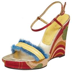 Pre Owned Casadei Multicolor Satin And Leather Wedge Ankle Strap Sandals Size 37