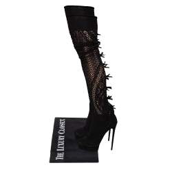 Pre Owned Casadei Black Knit Fabric And Suede Platform Knee High Boots Size 38.5