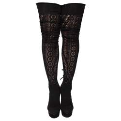 Pre Owned Casadei Black Knit Fabric And Suede Platform Knee High Boots Size 38.5