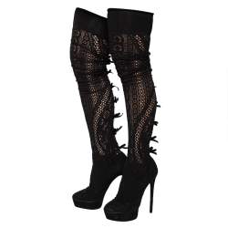 Pre Owned Casadei Black Knit Fabric And Suede Platform Knee High Boots Size 38.5