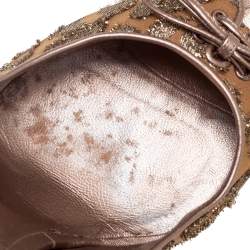 Pre Owned Casadei Bronze/Beige Leather And Lamé Leopard Print Fabric Lace Up Bow Peep Toe Pumps Size 39