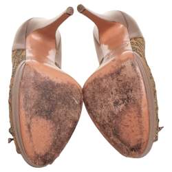 Pre Owned Casadei Bronze/Beige Leather And Lamé Leopard Print Fabric Lace Up Bow Peep Toe Pumps Size 39