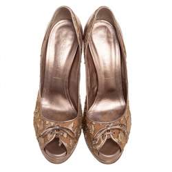 Pre Owned Casadei Bronze/Beige Leather And Lamé Leopard Print Fabric Lace Up Bow Peep Toe Pumps Size 39