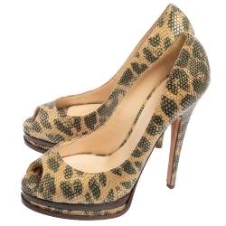 Casadei Beige/Green Lizard Embossed Leather  Peep Toe Platform Pumps Size 38