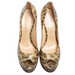 Casadei Beige/Green Lizard Embossed Leather  Peep Toe Platform Pumps Size 38