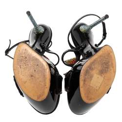 Pre Owned Casadei Royal Black Patent Embellished Heel Ankle Wrap Platform Sandals Size 39