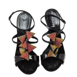 Pre Owned Casadei Royal Black Patent Embellished Heel Ankle Wrap Platform Sandals Size 39