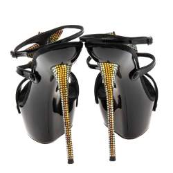 Pre Owned Casadei Royal Black Patent Embellished Heel Ankle Wrap Platform Sandals Size 39