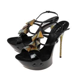 Pre Owned Casadei Royal Black Patent Embellished Heel Ankle Wrap Platform Sandals Size 39
