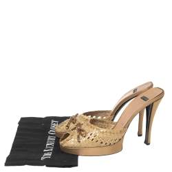 Pre Owned Casadei Beige Woven Leather Bow Peep-Toe Platform Slide Sandals Size 38
