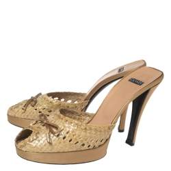 Pre Owned Casadei Beige Woven Leather Bow Peep-Toe Platform Slide Sandals Size 38
