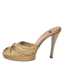 Pre Owned Casadei Beige Woven Leather Bow Peep-Toe Platform Slide Sandals Size 38