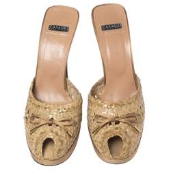 Pre Owned Casadei Beige Woven Leather Bow Peep-Toe Platform Slide Sandals Size 38