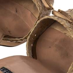 Pre Owned Casadei Beige Woven Leather Bow Peep-Toe Platform Slide Sandals Size 38