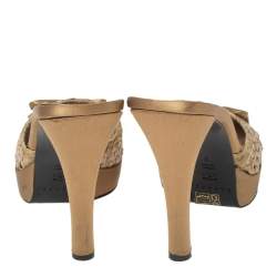 Pre Owned Casadei Beige Woven Leather Bow Peep-Toe Platform Slide Sandals Size 38