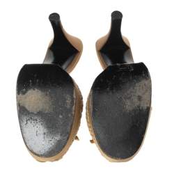 Pre Owned Casadei Beige Woven Leather Bow Peep-Toe Platform Slide Sandals Size 38