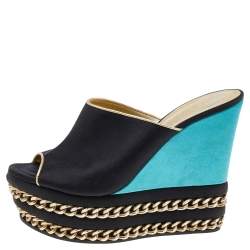 Pre Owned Casadei Black/ Turquoise Green Satin Chain Embellished Wedge Slide Sandals Size 36