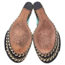 Pre Owned Casadei Black/ Turquoise Green Satin Chain Embellished Wedge Slide Sandals Size 36