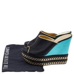 Pre Owned Casadei Black/ Turquoise Green Satin Chain Embellished Wedge Slide Sandals Size 36