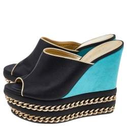Pre Owned Casadei Black/ Turquoise Green Satin Chain Embellished Wedge Slide Sandals Size 36
