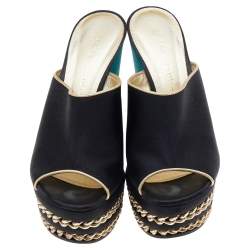 Pre Owned Casadei Black/ Turquoise Green Satin Chain Embellished Wedge Slide Sandals Size 36