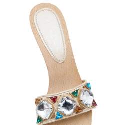 Pre Owned Casadei Cream Leather Crystal Embellished Sandals Size 37.5