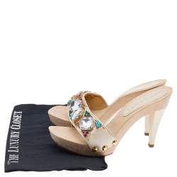 Pre Owned Casadei Cream Leather Crystal Embellished Sandals Size 37.5