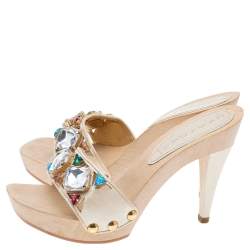 Pre Owned Casadei Cream Leather Crystal Embellished Sandals Size 37.5